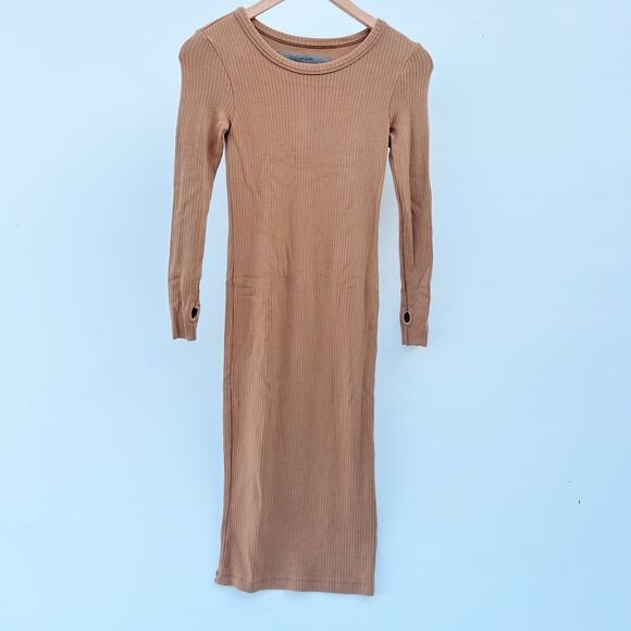 Enza Costa Tencel Cashmere Ribbed Midi Long Sleeve Camel Dress XS Crewneck - Picture 3 of 8